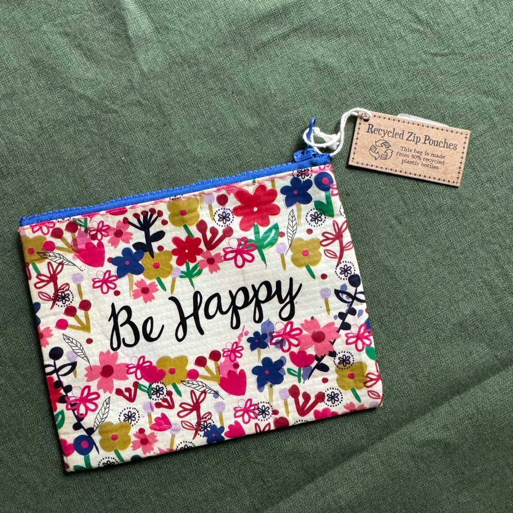 FREE GIFT with purchase. Be Happy Recycled Zip Pouch.